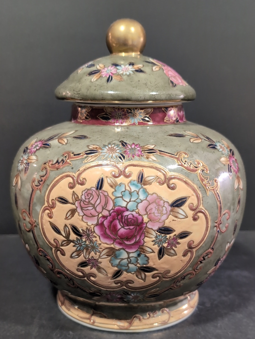 Oriental Accents Large Green/Pink Floral Lidded Ginger Jar.